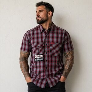 NWT Dixxon Flannel Cameo Bamboo Shirt Short Sleeve Mens Medium Red Gray Plaid